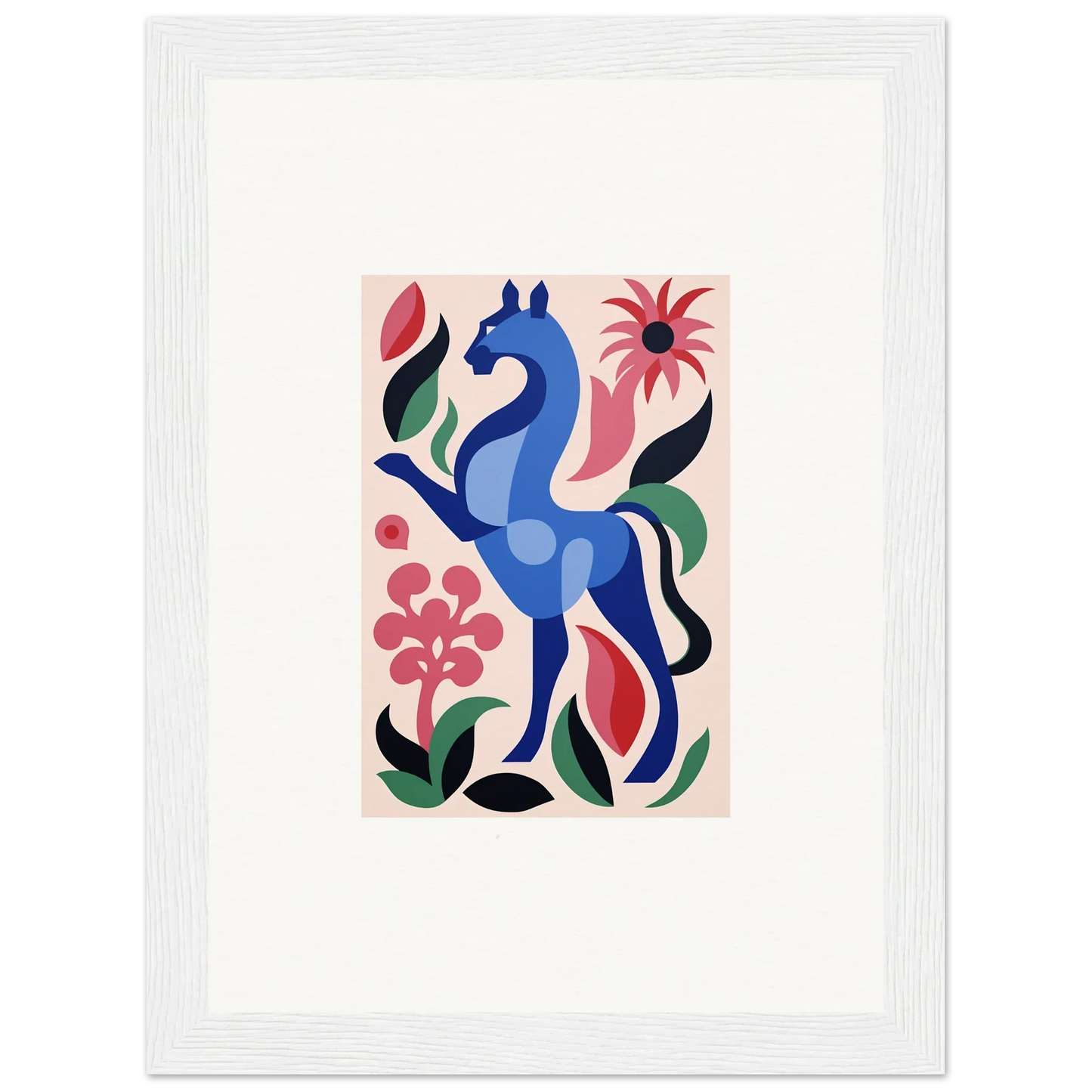 Stylized blue horse with vibrant flowers in Transcendental Brush Grace design