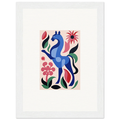 Stylized blue horse with vibrant flowers in Transcendental Brush Grace design