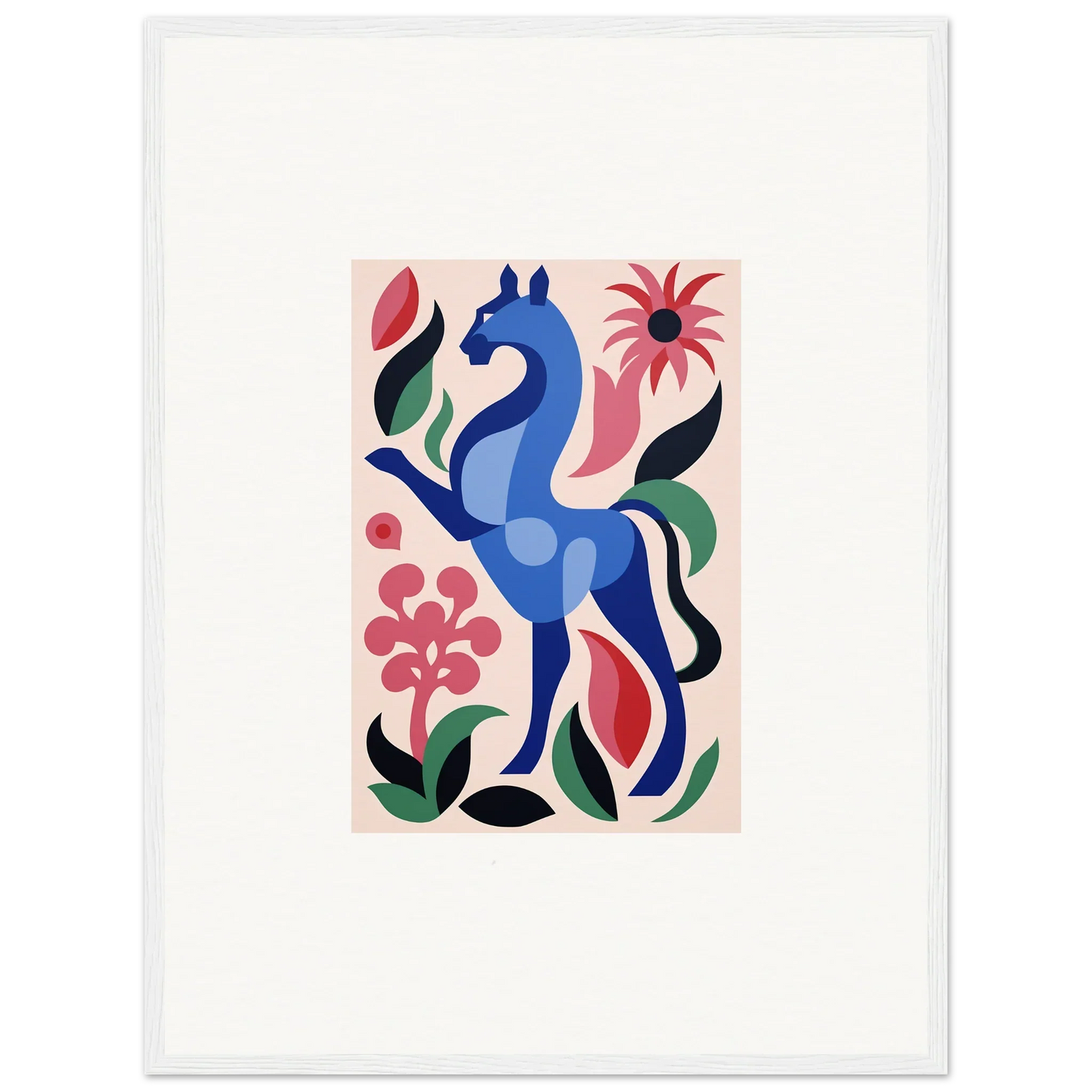 Stylized blue horse with vibrant flowers, showcasing Transcendental Brush Grace design