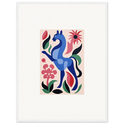 Stylized blue horse with vibrant flowers, showcasing Transcendental Brush Grace design