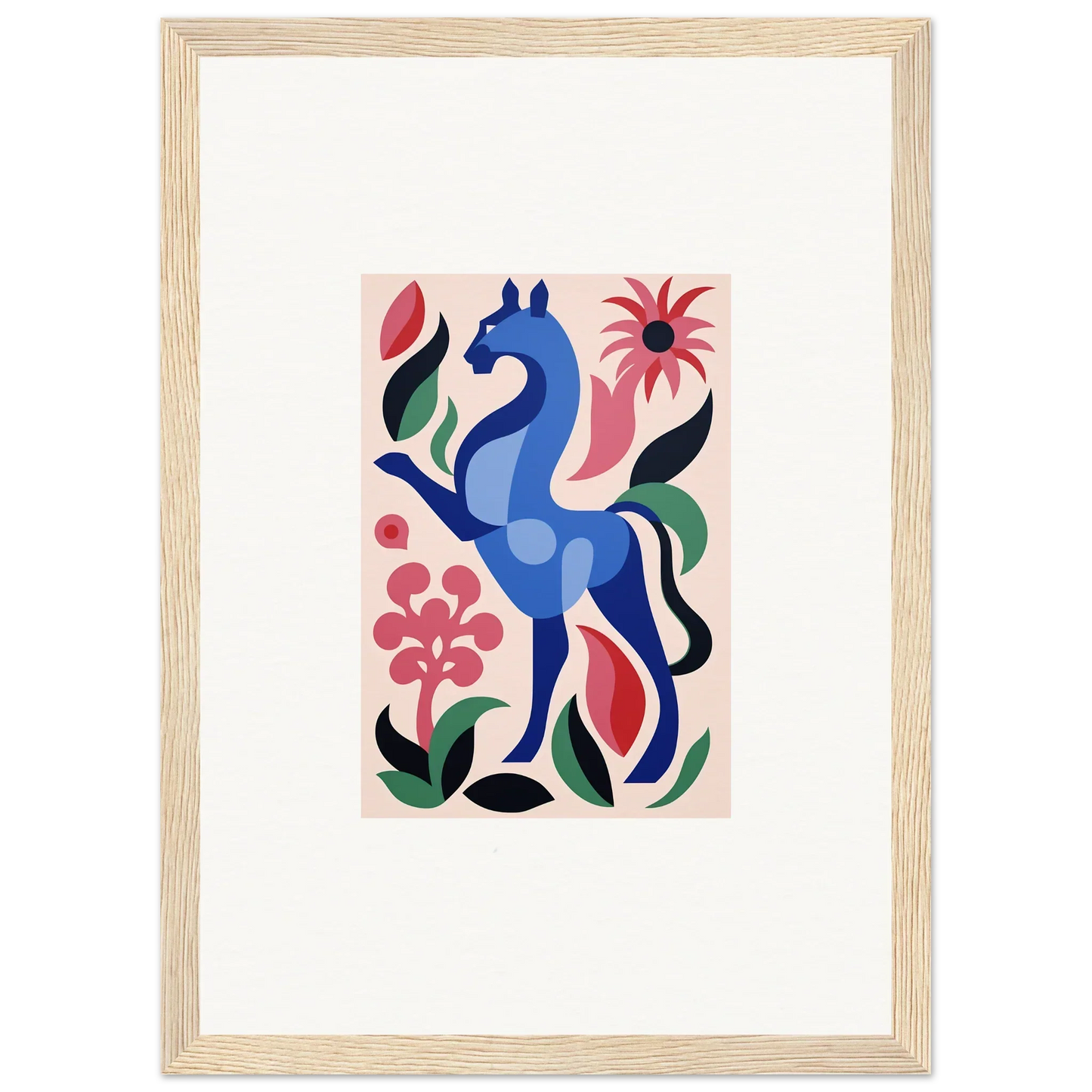 Stylized blue horse with vibrant flowers, showcasing Transcendental Brush Grace design