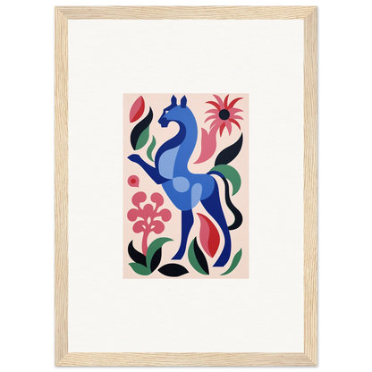 Stylized blue horse with vibrant flowers, showcasing Transcendental Brush Grace design