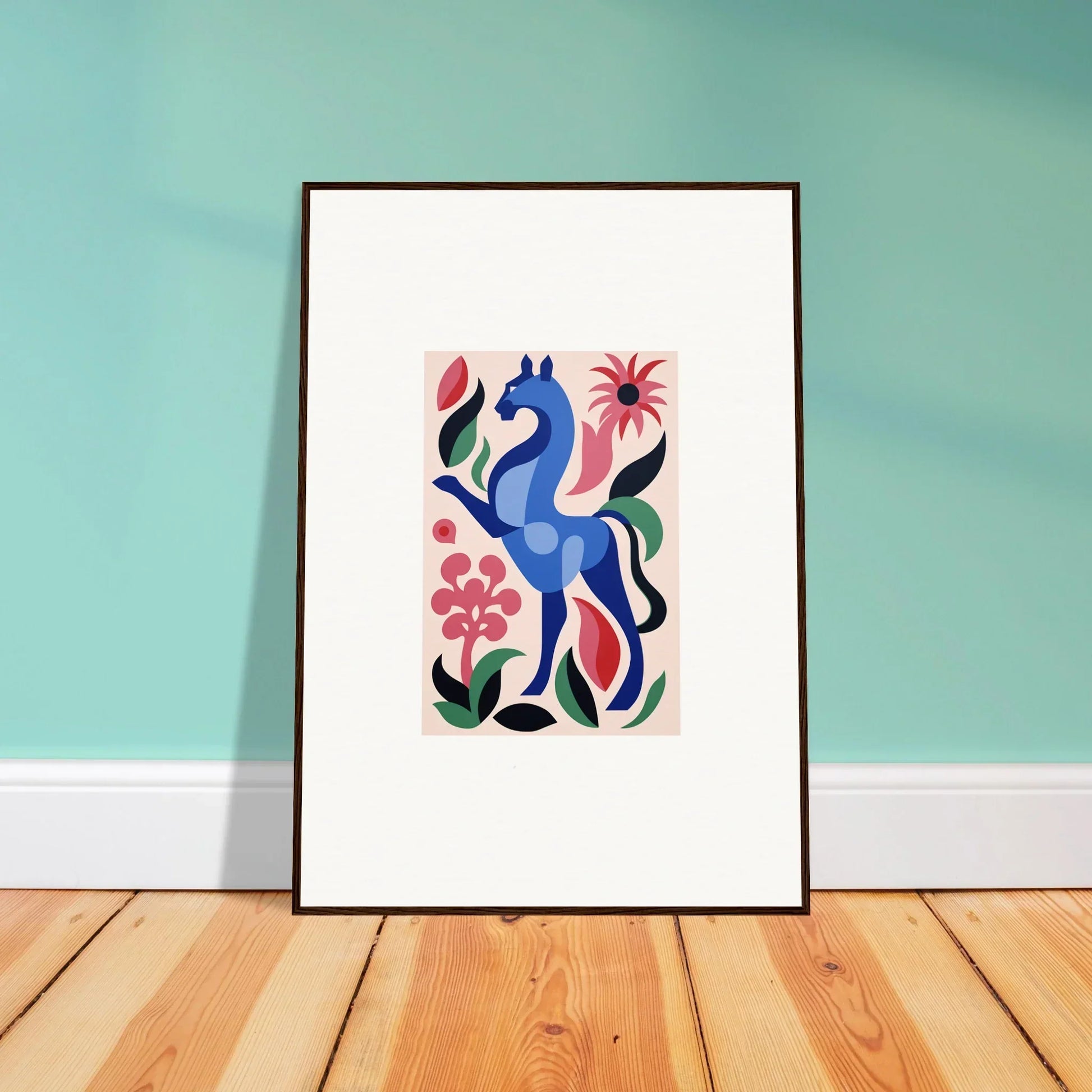 Framed artwork of a blue horse with flowers from Transcendental Brush Grace