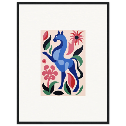 Stylized blue horse with colorful flowers in Transcendental Brush Grace artwork