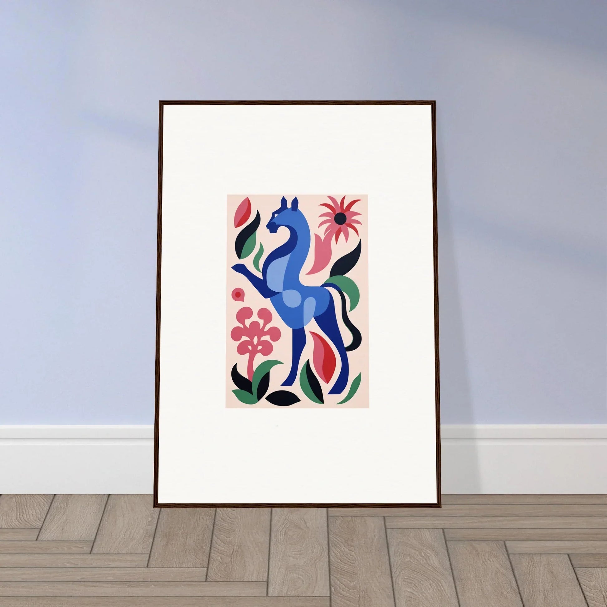 Stylized blue horse artwork with flowers in Transcendental Brush Grace frame