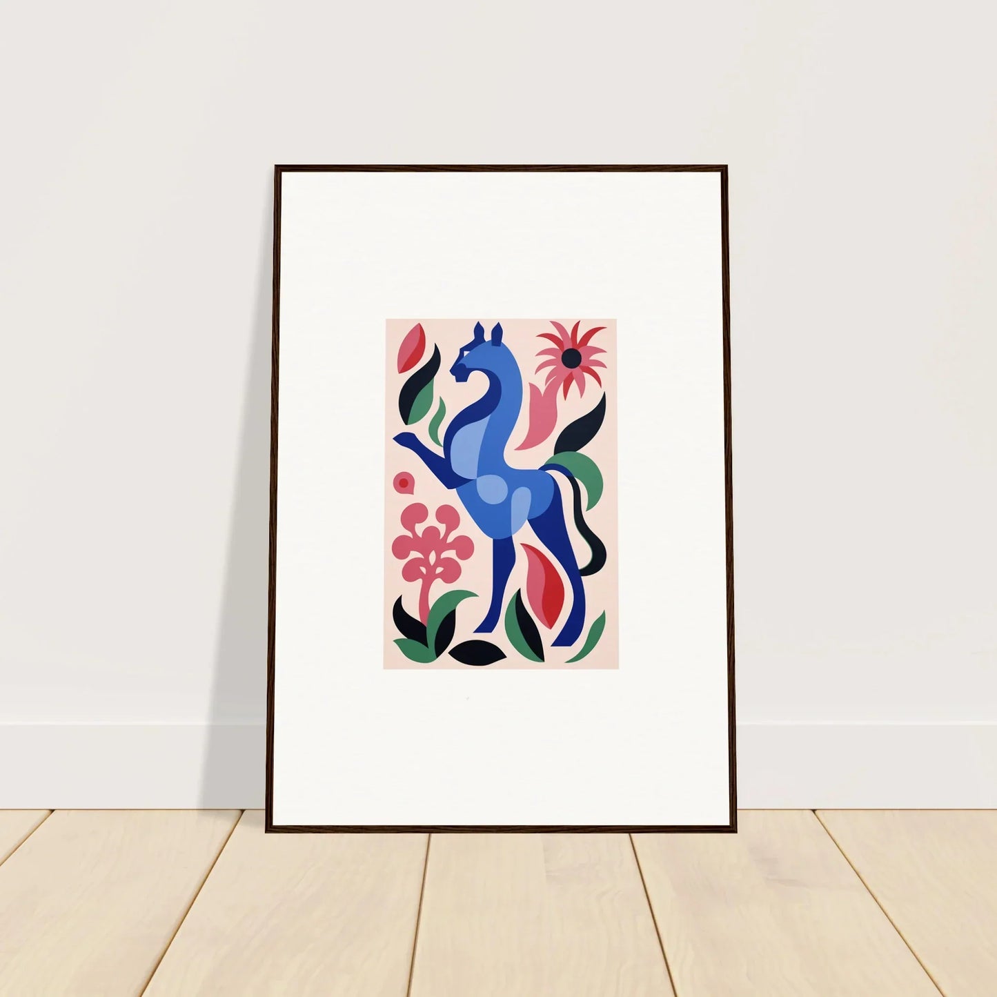 Framed artwork of a blue horse with florals, perfect for Transcendental Brush Grace