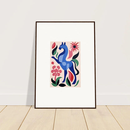 Framed artwork of a blue horse with florals, perfect for Transcendental Brush Grace