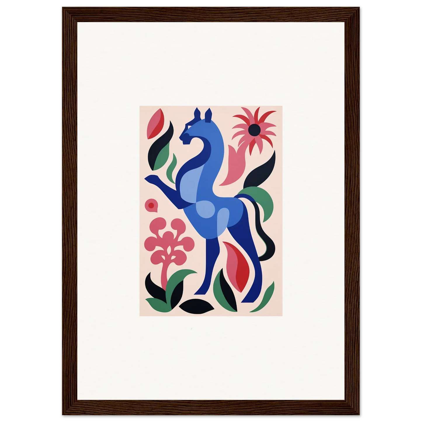 Stylized blue horse with vibrant flowers showcasing Transcendental Brush Grace design