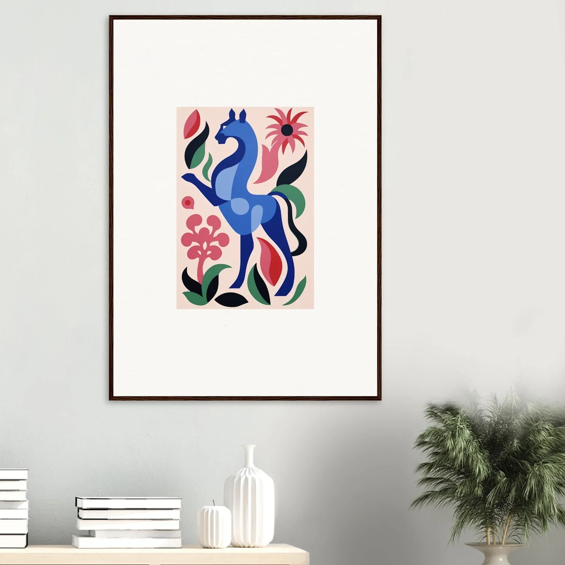 Stylized blue horse with vibrant flowers in Transcendental Brush Grace folk art design