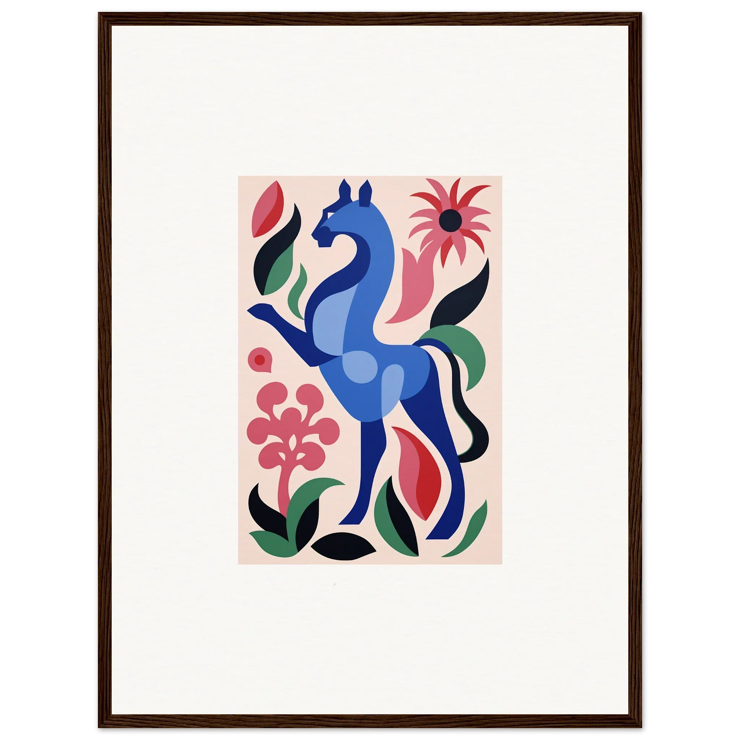 Stylized blue horse with colorful flowers in Transcendental Brush Grace design