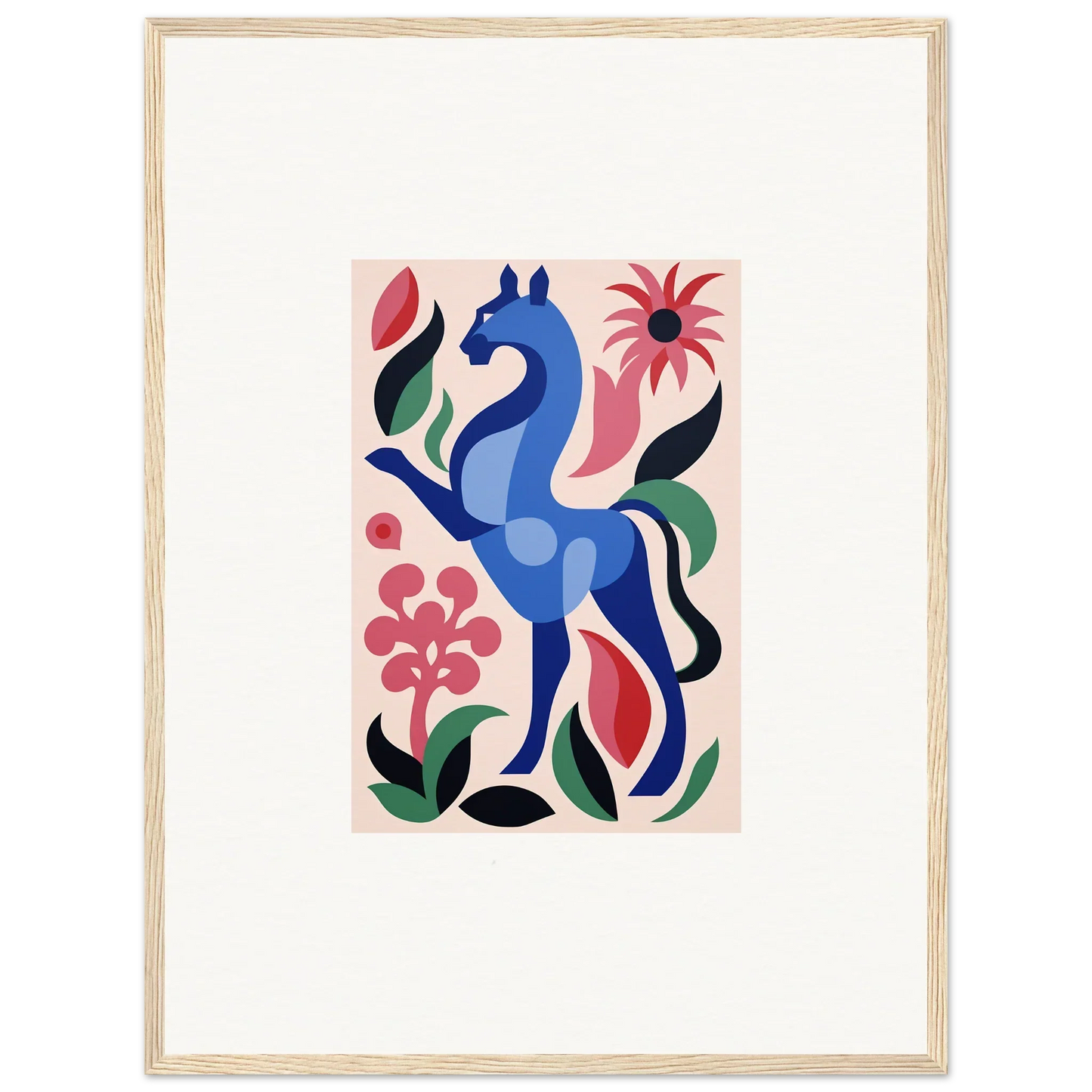 Stylized blue horse with colorful flowers in Transcendental Brush Grace design