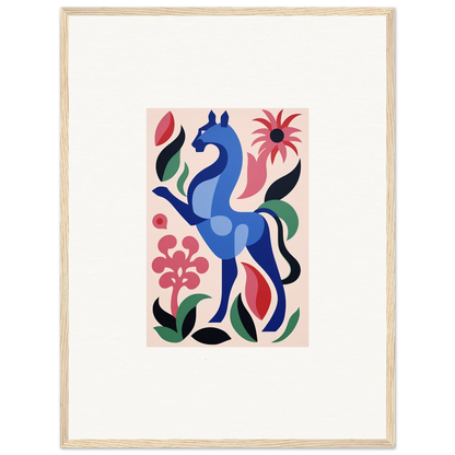 Stylized blue horse with colorful flowers in Transcendental Brush Grace design