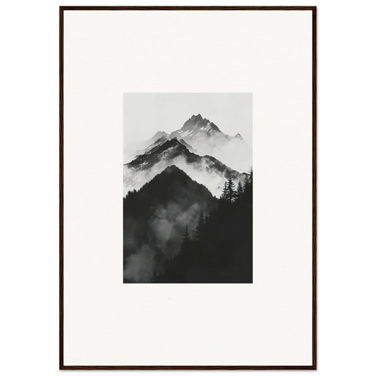 Framed black and white photo of misty mountain peaks for your room decoration vibe