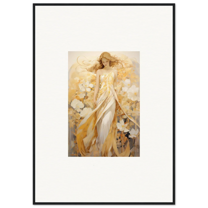 Ethereal canvas print of a woman in golden attire with whispering petals for room decoration