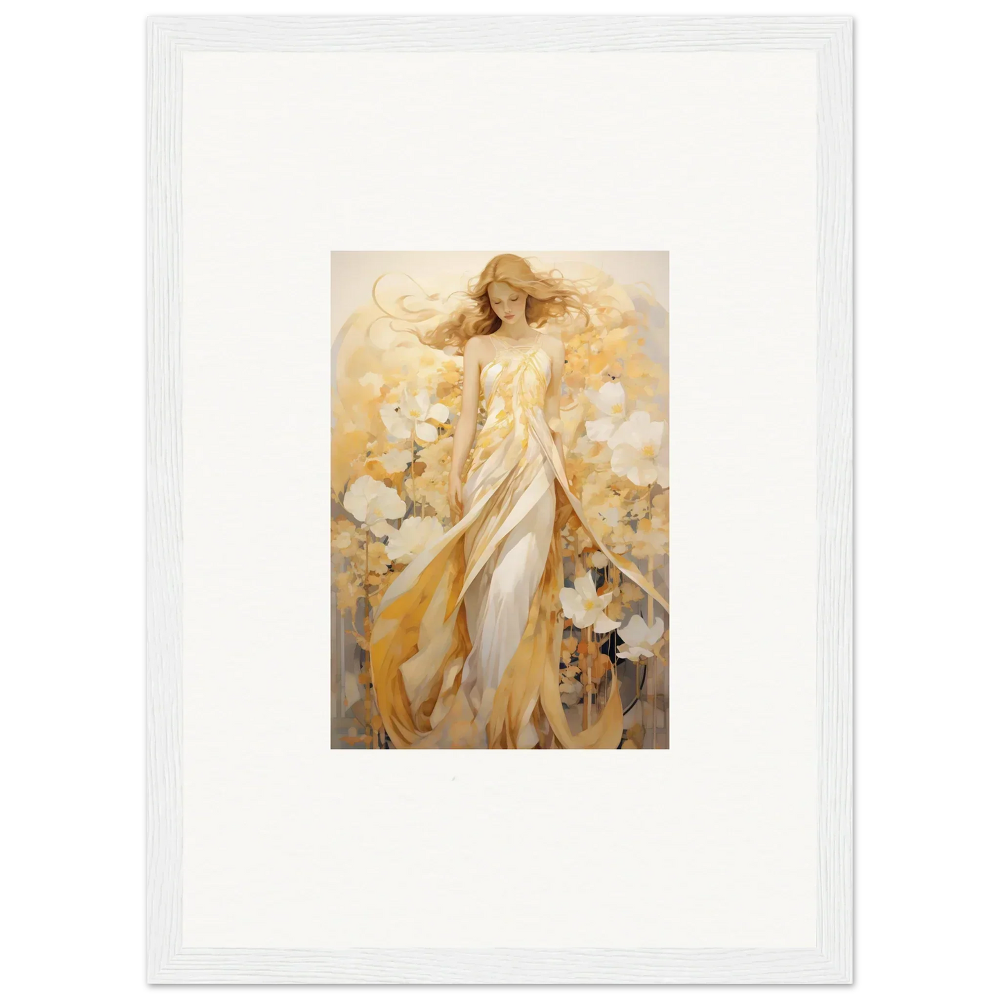 Woman in a golden dress surrounded by flowers in a whispering petals canvas print