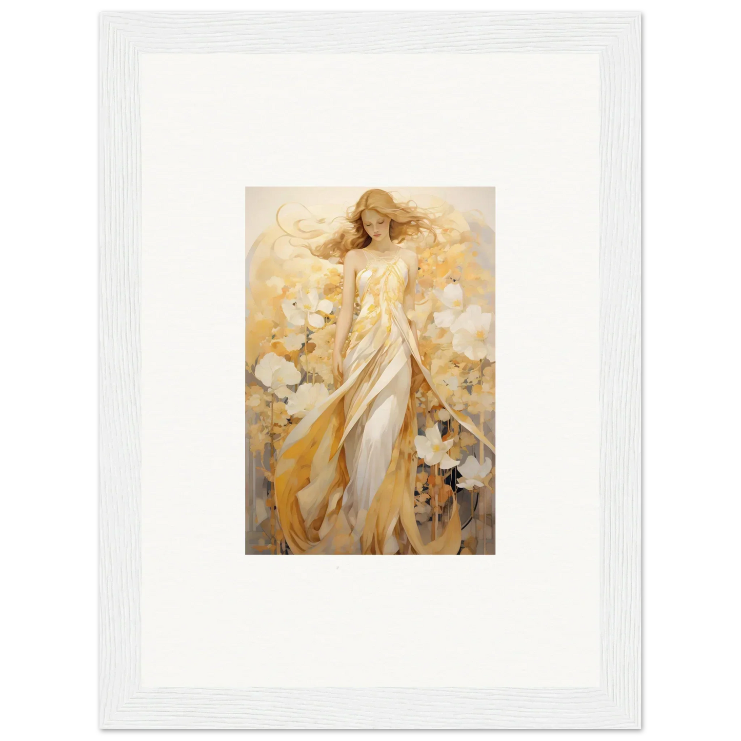 Beautiful canvas print of a woman in a golden dress among whispering petals for room decoration