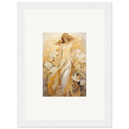 Beautiful canvas print of a woman in a golden dress among whispering petals for room decoration