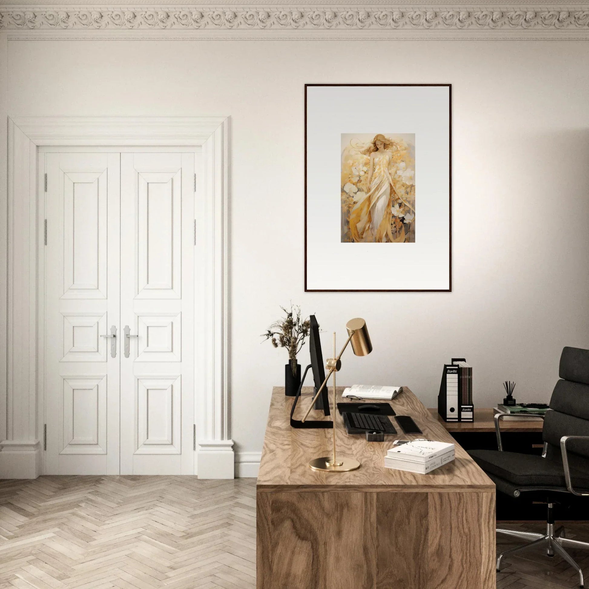 Wooden desk with a typewriter and books in a minimalist workspace with Whispering Petals canvas print