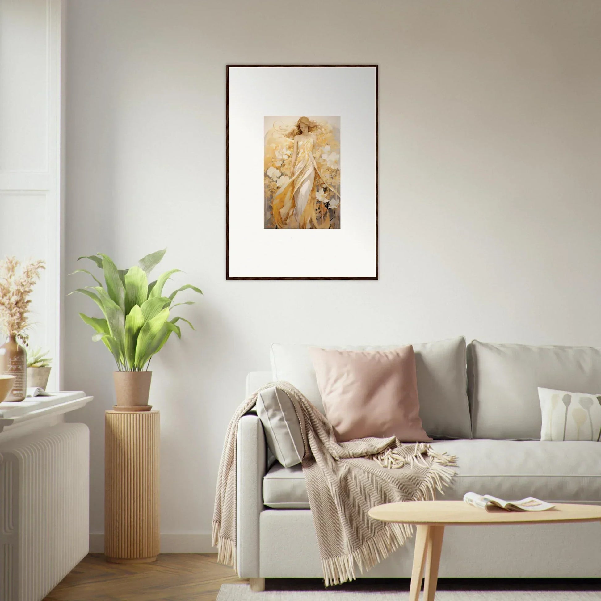 Framed canvas print of a golden-toned figure, perfect for room decoration with whispering petals