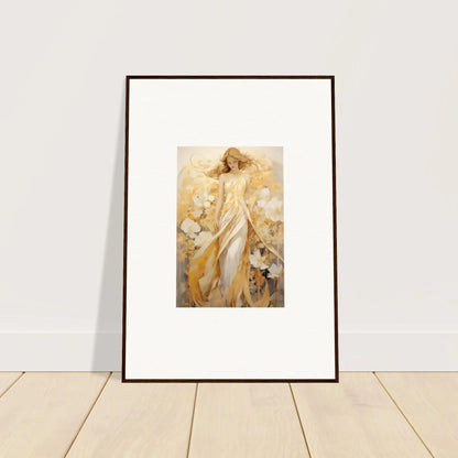 Framed canvas print of a woman in a yellow dress with whispering petals for room decoration