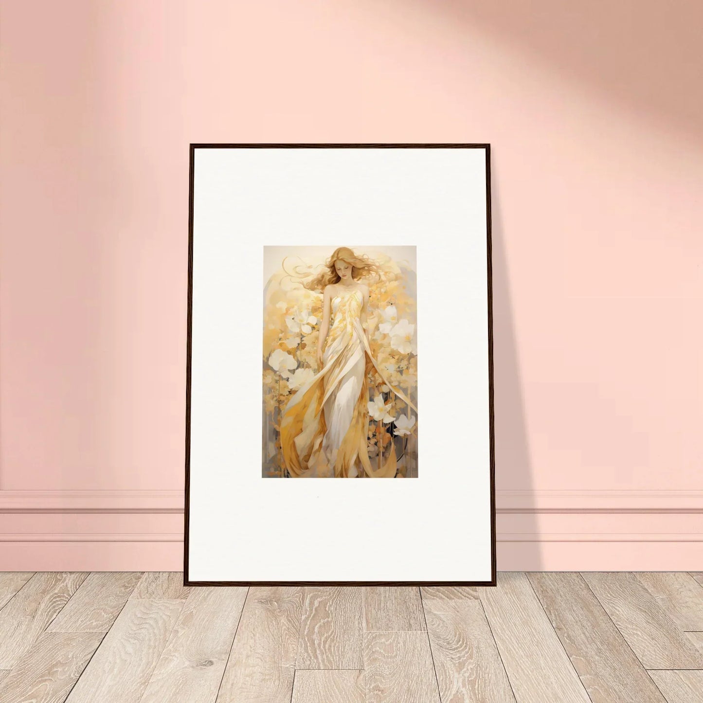 Framed canvas print of an ethereal female figure in golden robes for room decoration