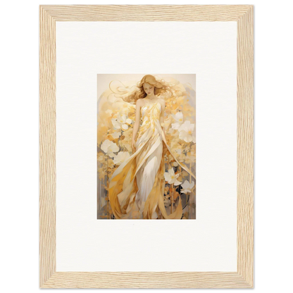 Framed canvas print of a woman in a golden dress with whispering petals for room decoration