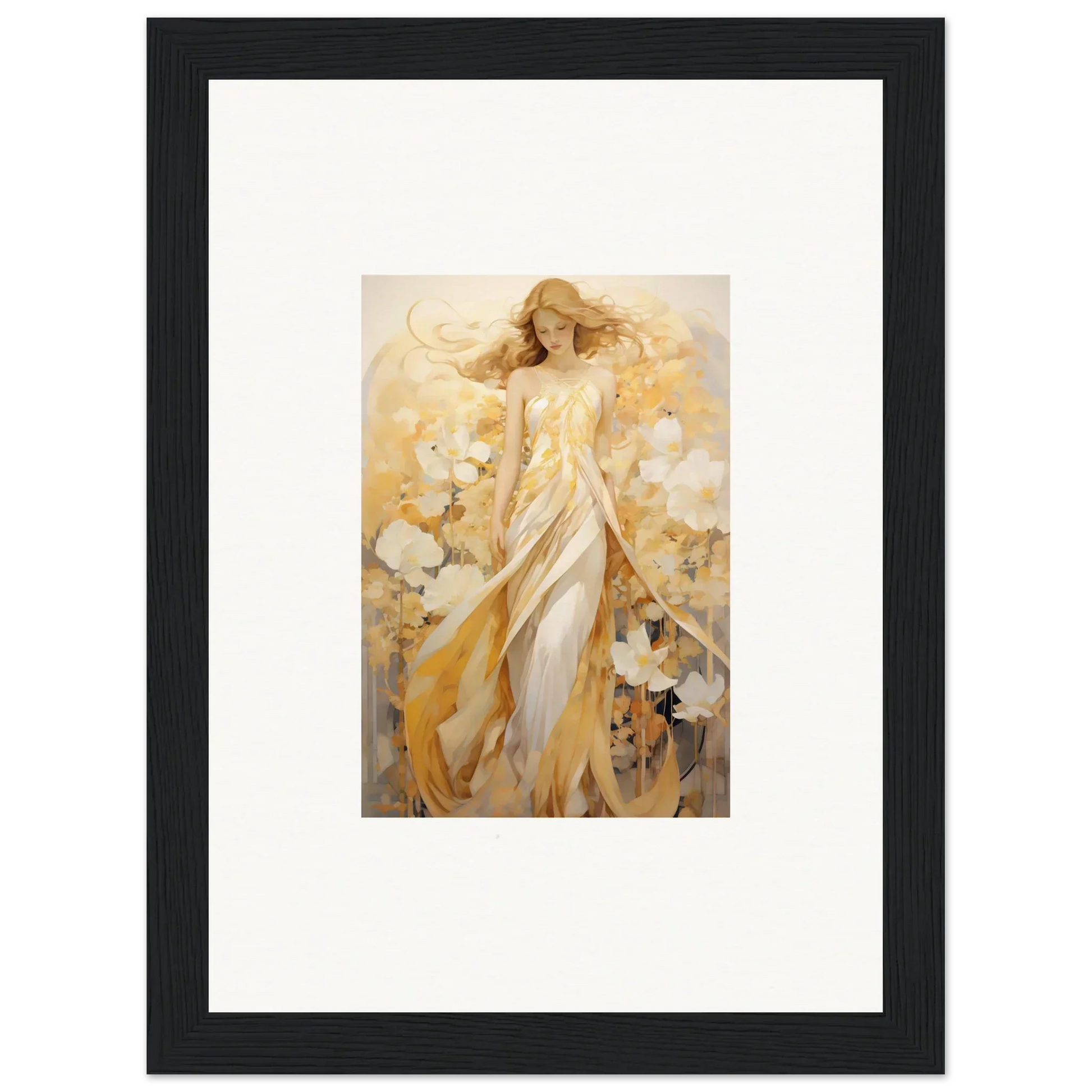 Framed canvas print of an ethereal woman in golden dress with whispering petals