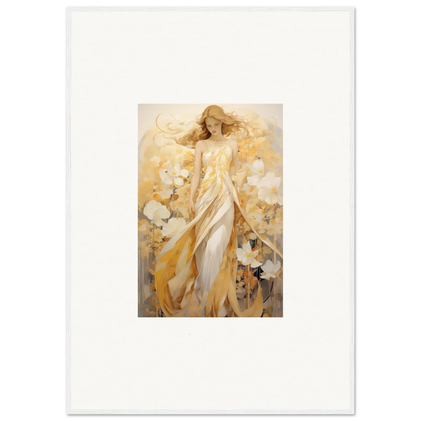 Ethereal painting of a woman in a golden dress among whispering petals, perfect for room decoration