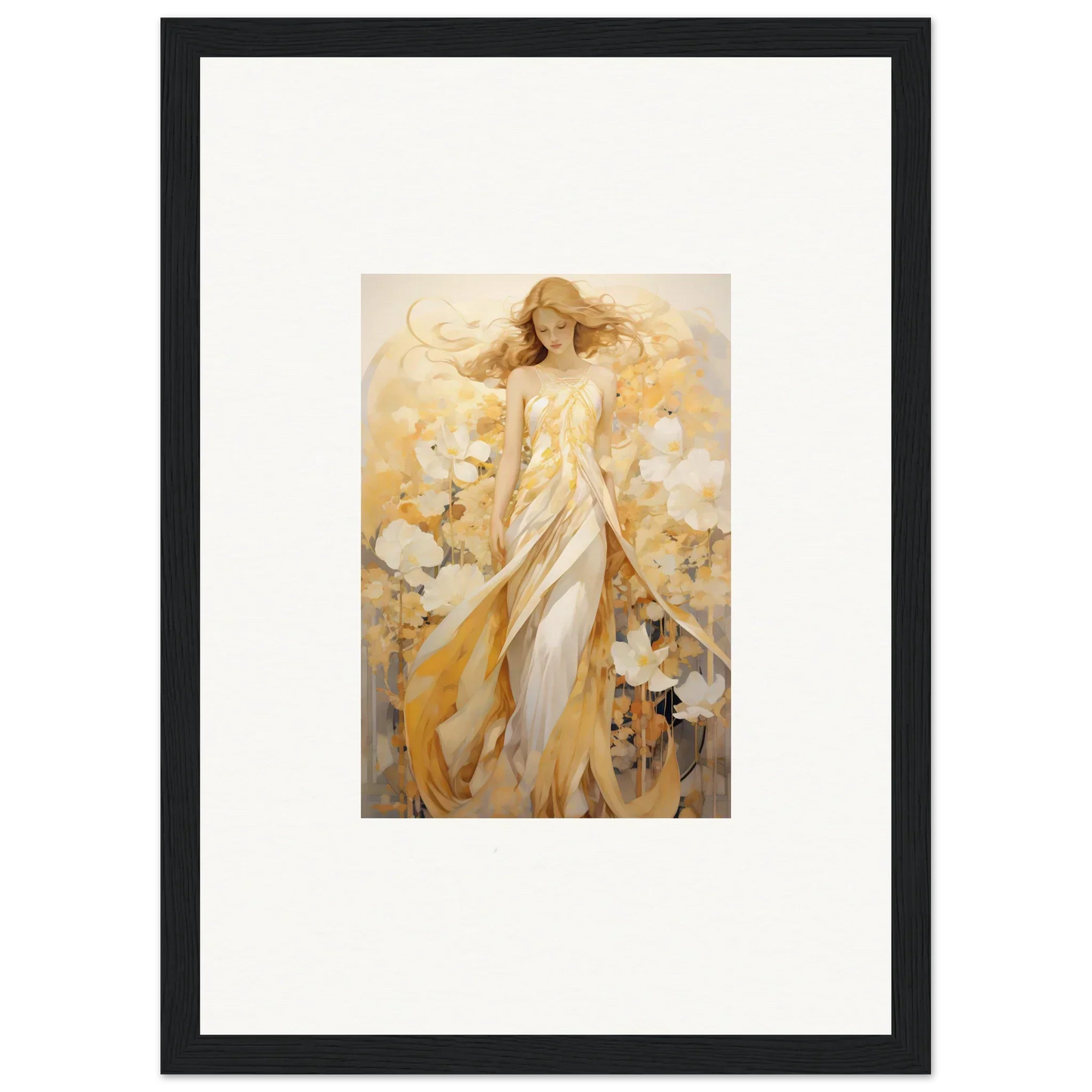 Woman in a yellow dress with flowers in a whimsical canvas print for room decoration