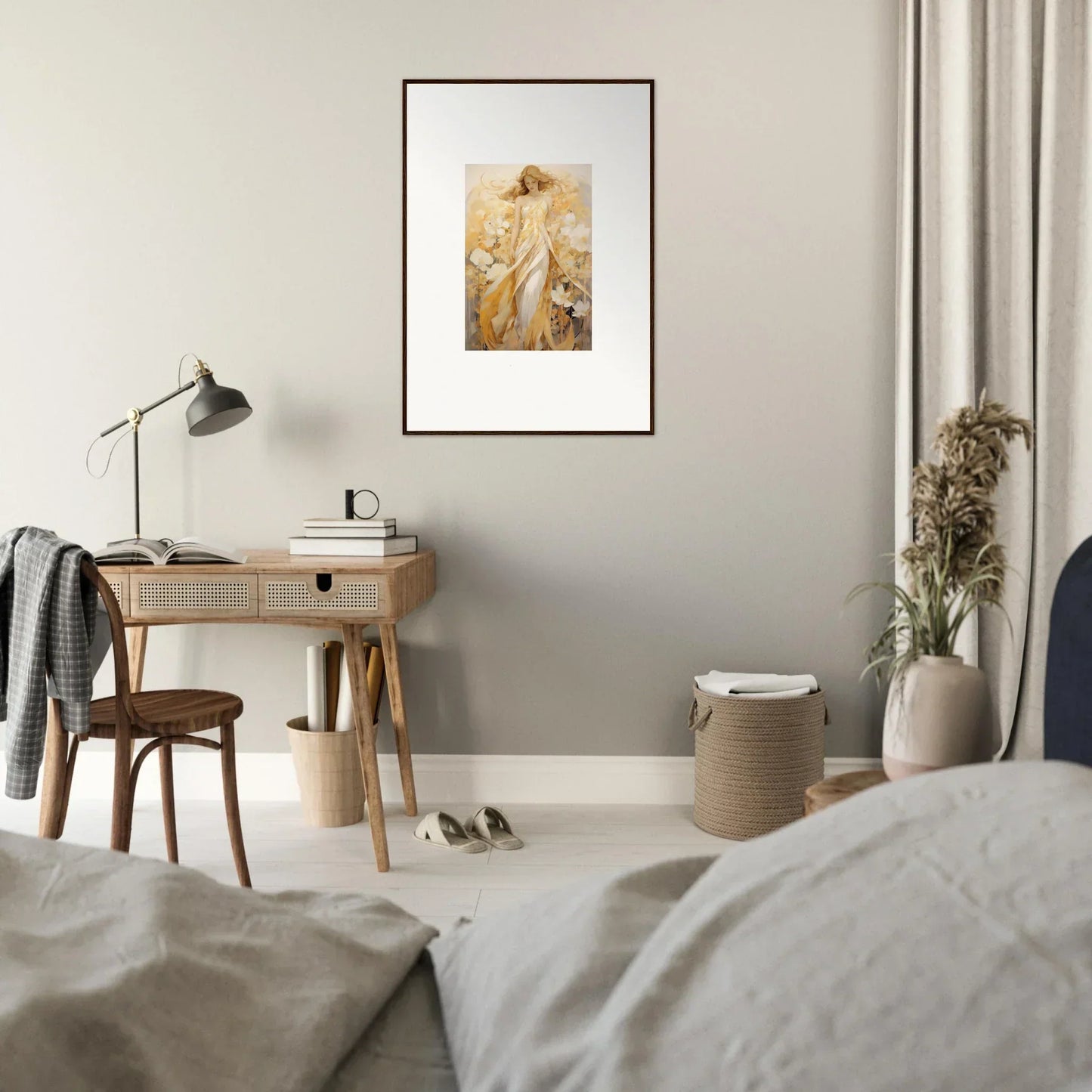 Framed canvas print of a woman in flowing robes with whispering petals for room decoration