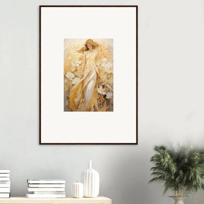 Framed canvas print of an ethereal female in golden attire with whispering petals