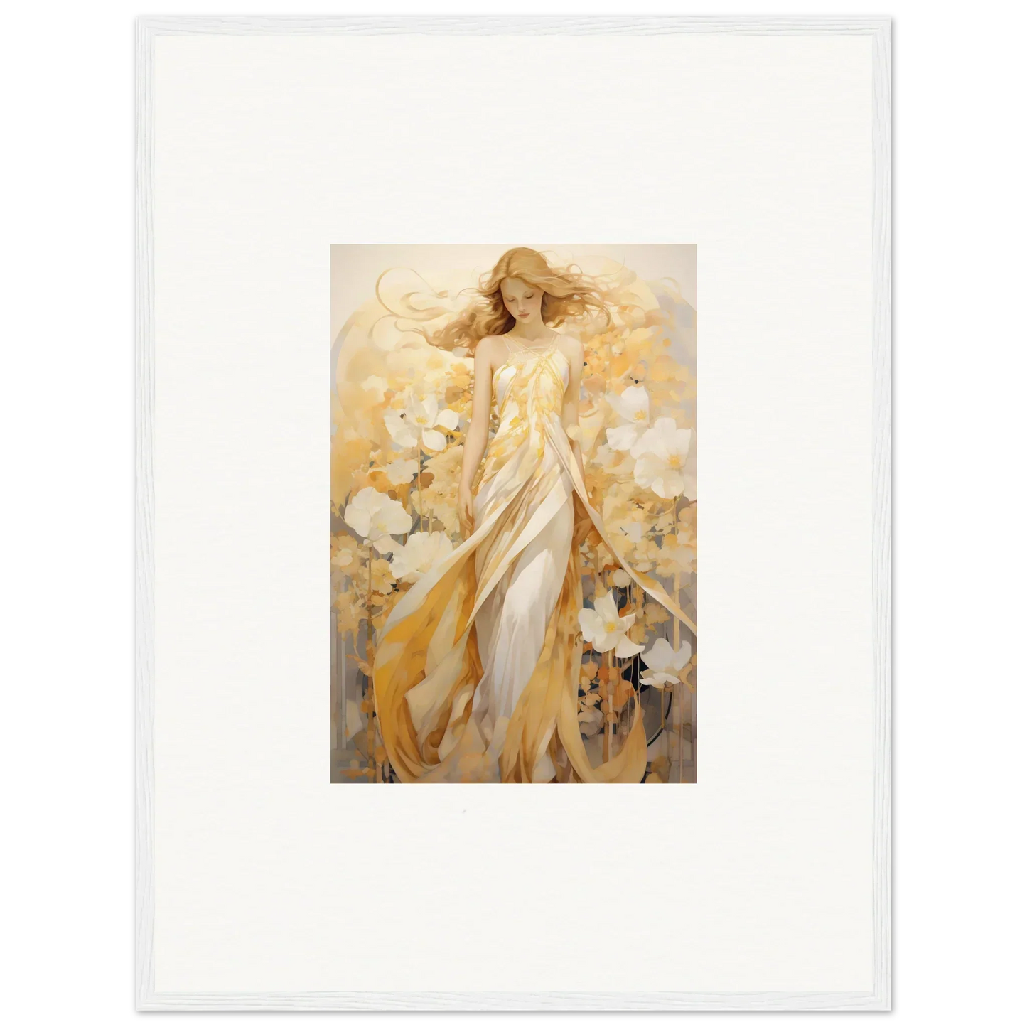 Ethereal woman in golden robes among whispering petals for dreamy room decoration canvas print