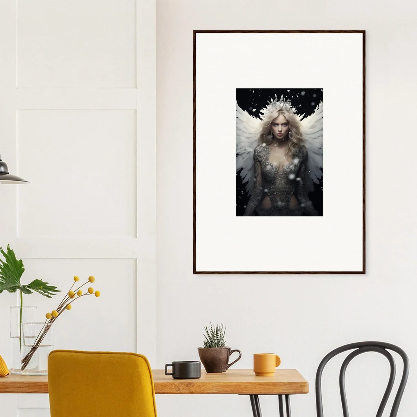 Framed canvas print of a feathery specter with wings and crown for stylish room decoration