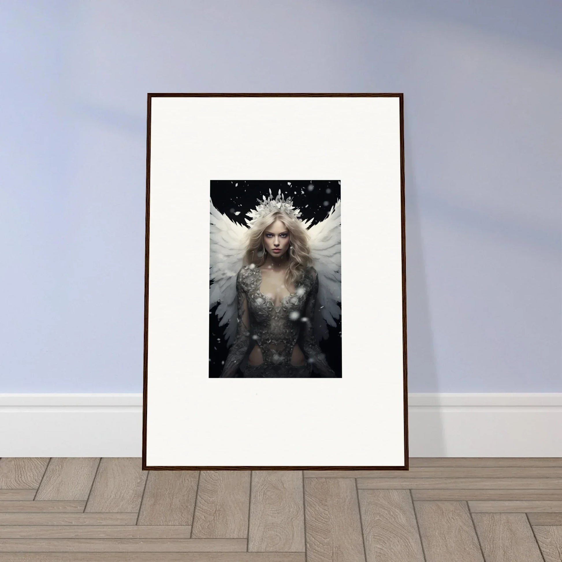 Framed canvas print of a feathery specter with wings, perfect for room decoration