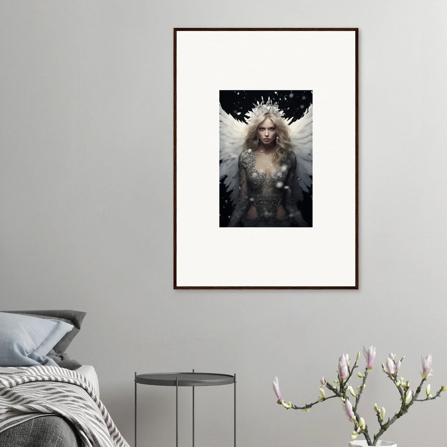 Framed canvas print of a feathery specter with white wings for stunning room decoration