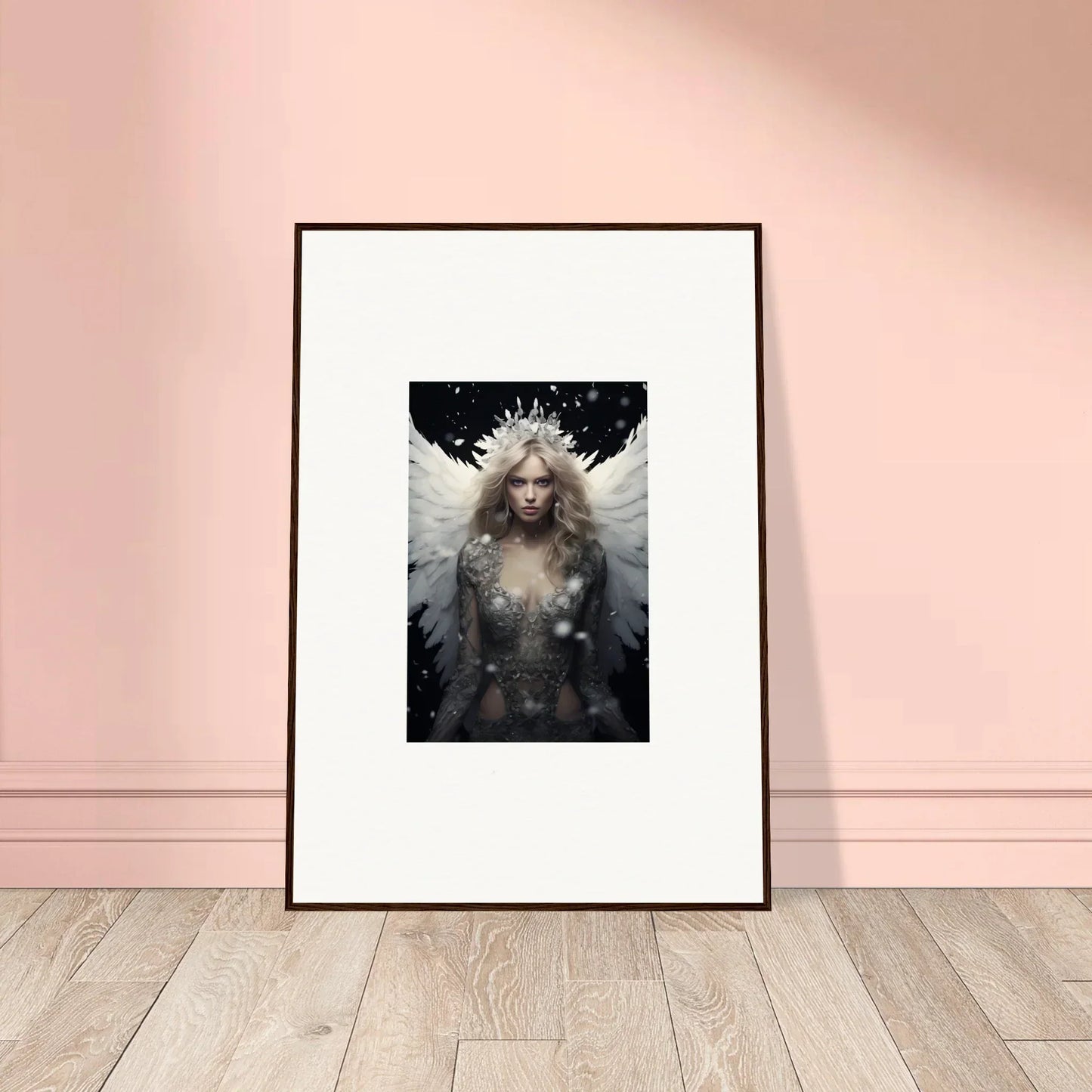 Framed canvas print of a feathery specter with wings and crown for chic room decoration