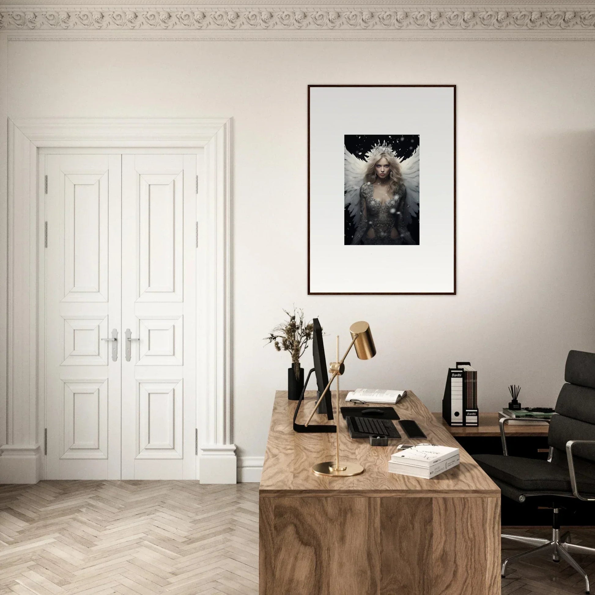 Elegant home office with wooden desk and a feathery specter canvas print