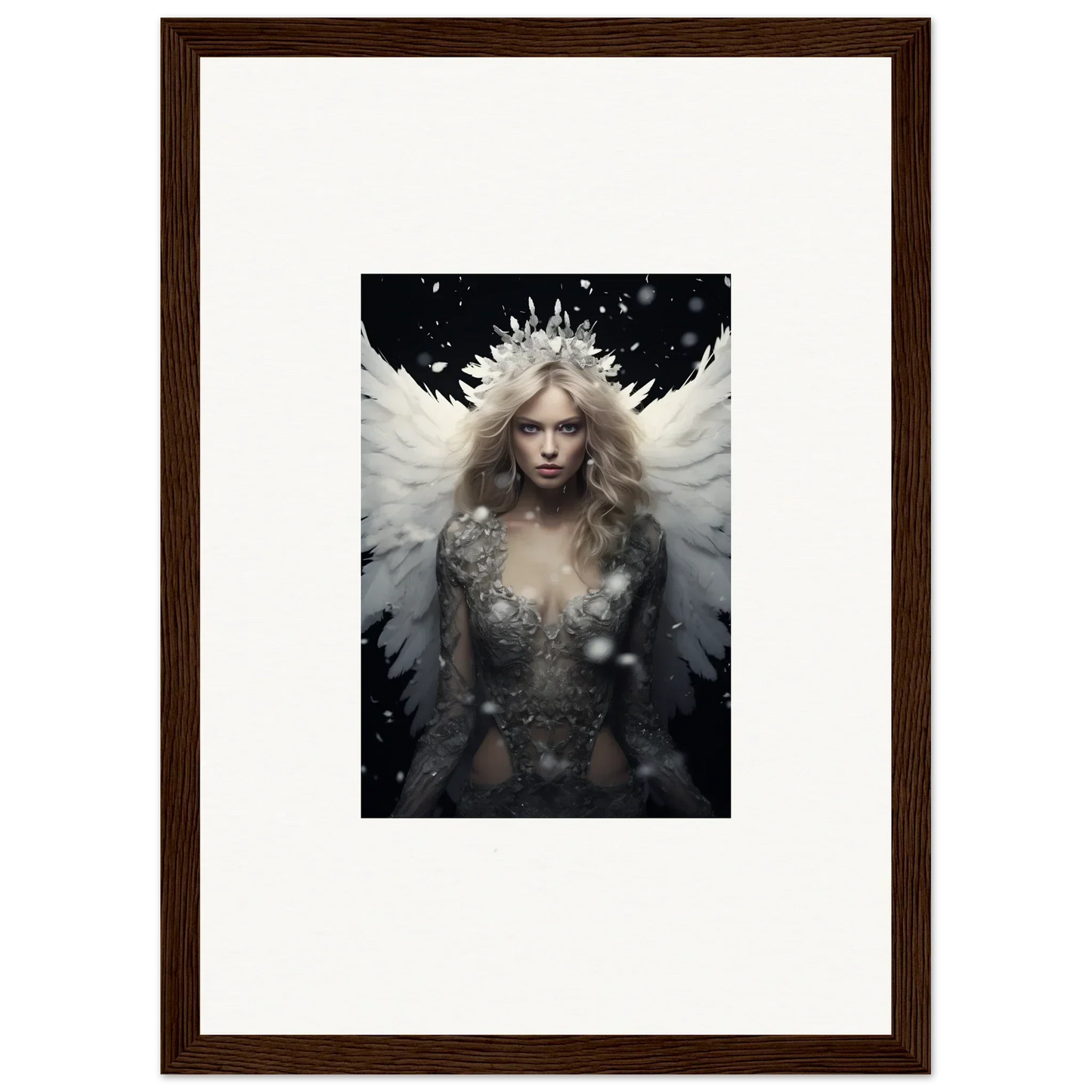 Framed canvas print of a feathery specter with a crown for stylish room decoration