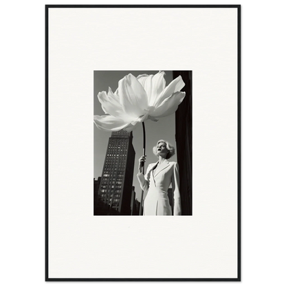 A black and white photograph of a woman standing beneath an oversized flower.