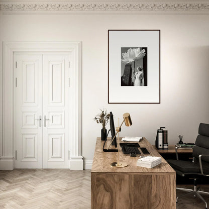 Wooden desk with various office items on its surface.