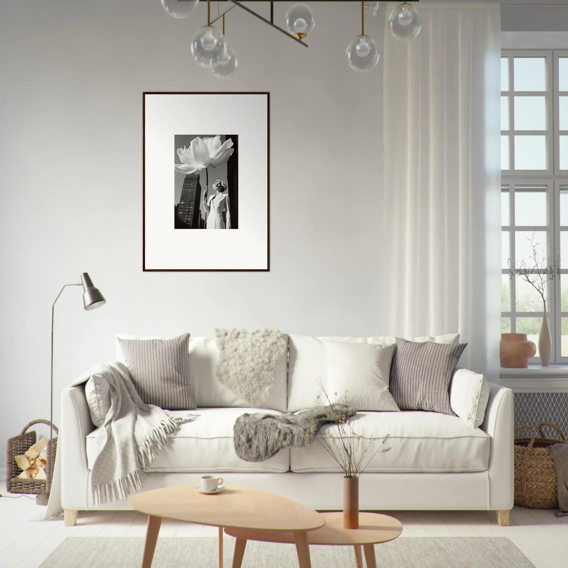 White sofa with throw pillows and blankets.