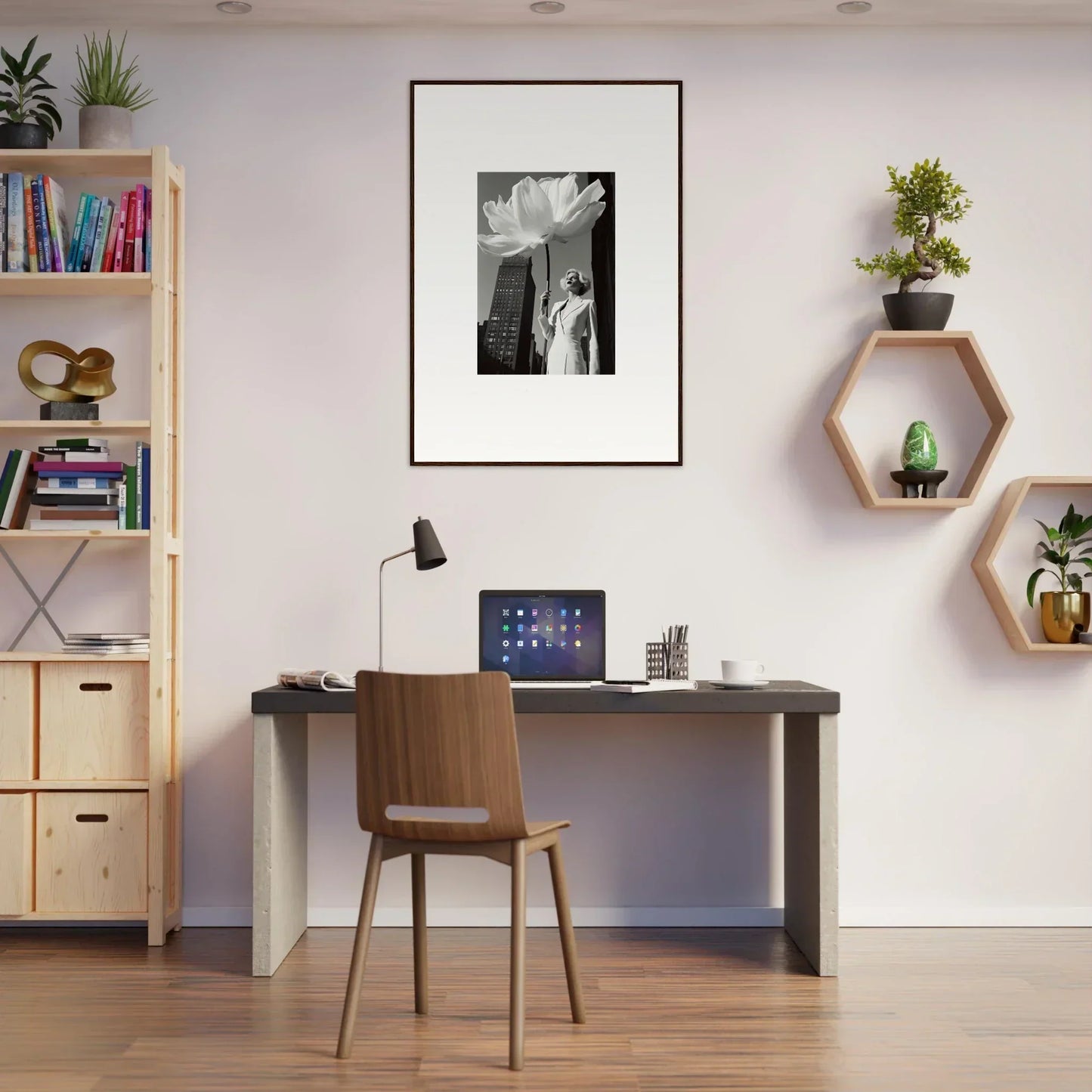 Home office workspace with a desk, chair, and decorative wall elements.