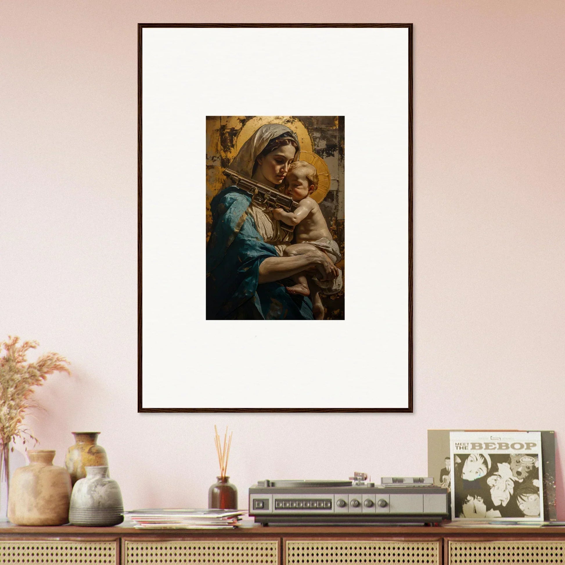 Framed canvas print of a woman with child, perfect for loving sentinence room decoration