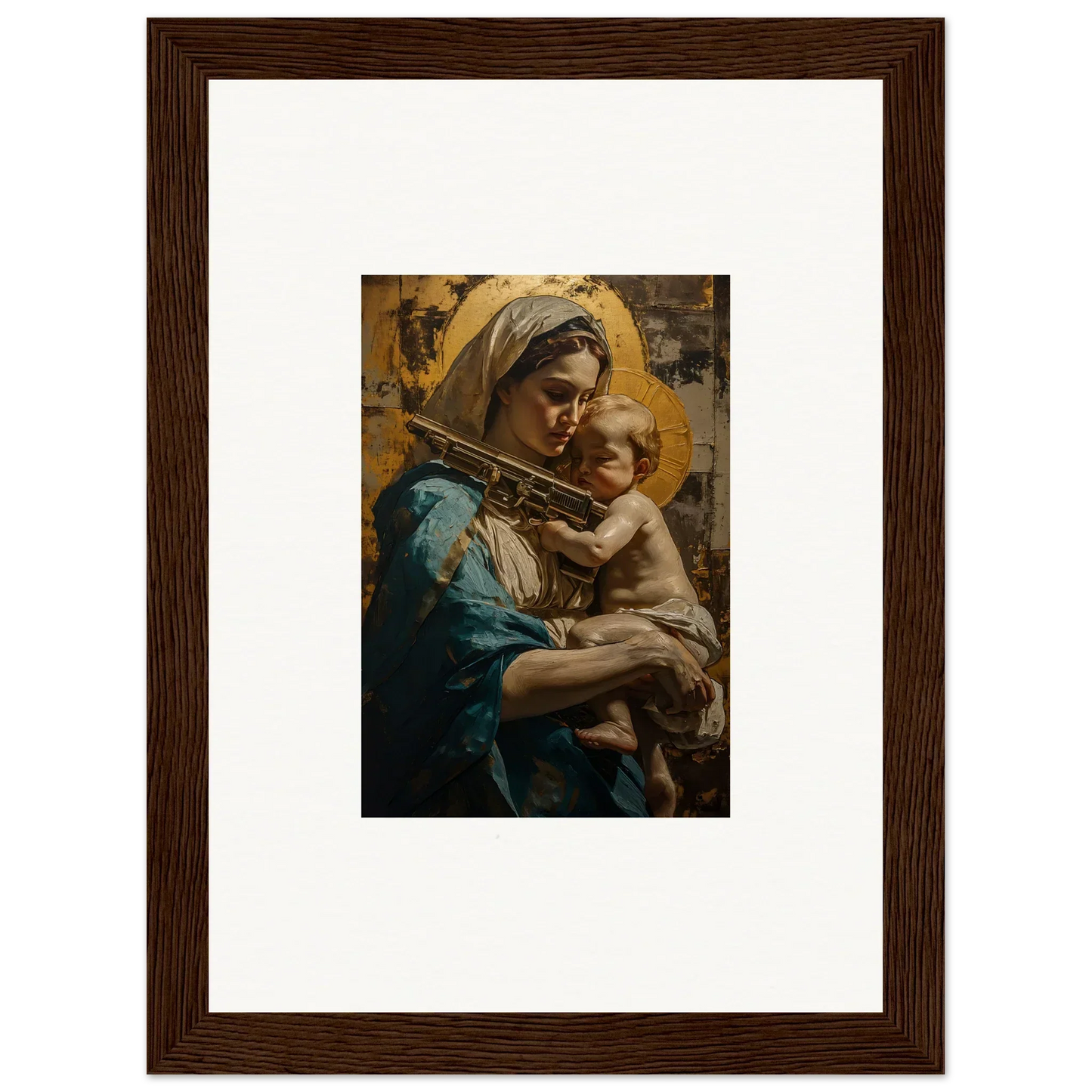 Framed canvas print of a woman in blue with a child, perfect for loving sentinence room decoration