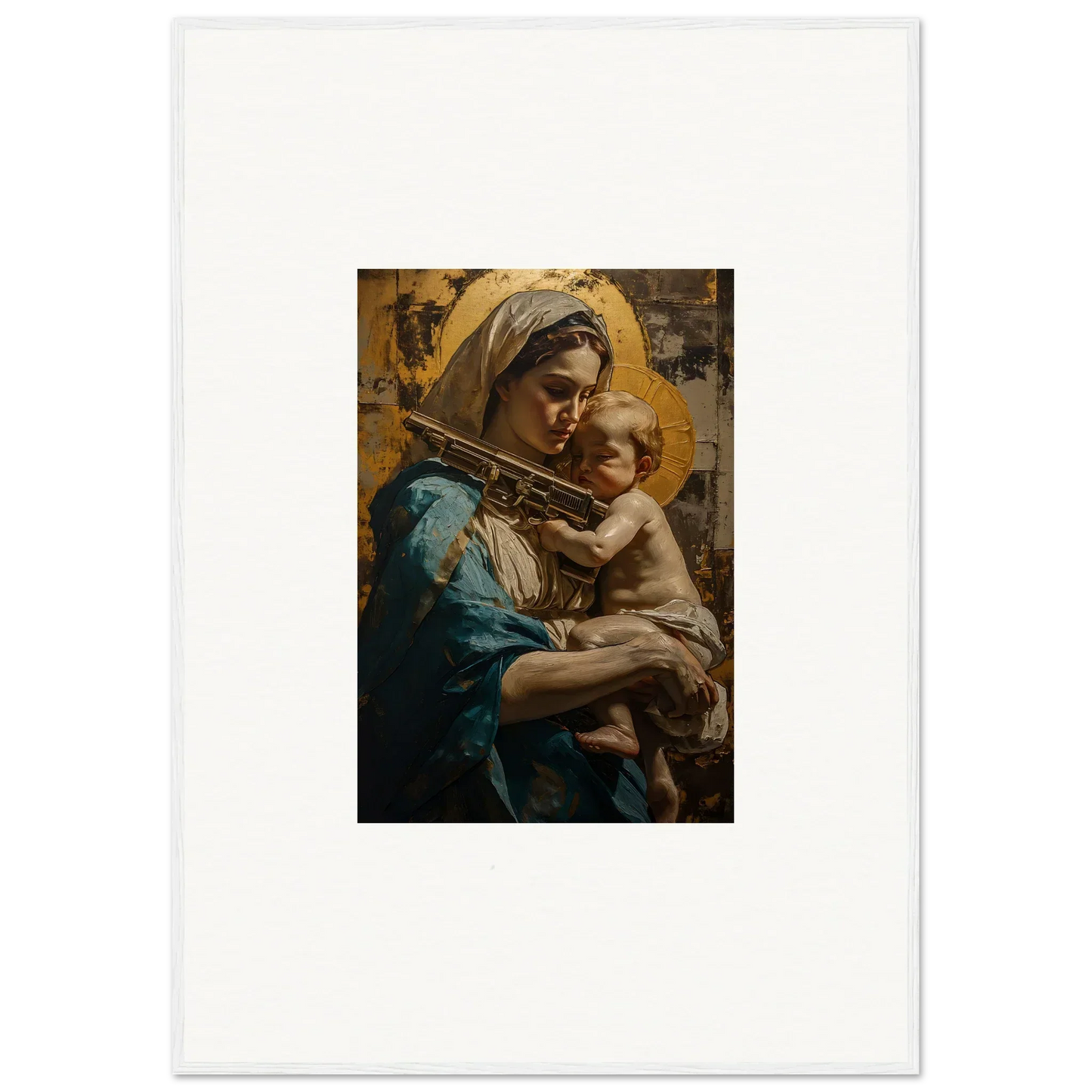 Painting of a woman in blue with a child, perfect for loving sentinence canvas print decor