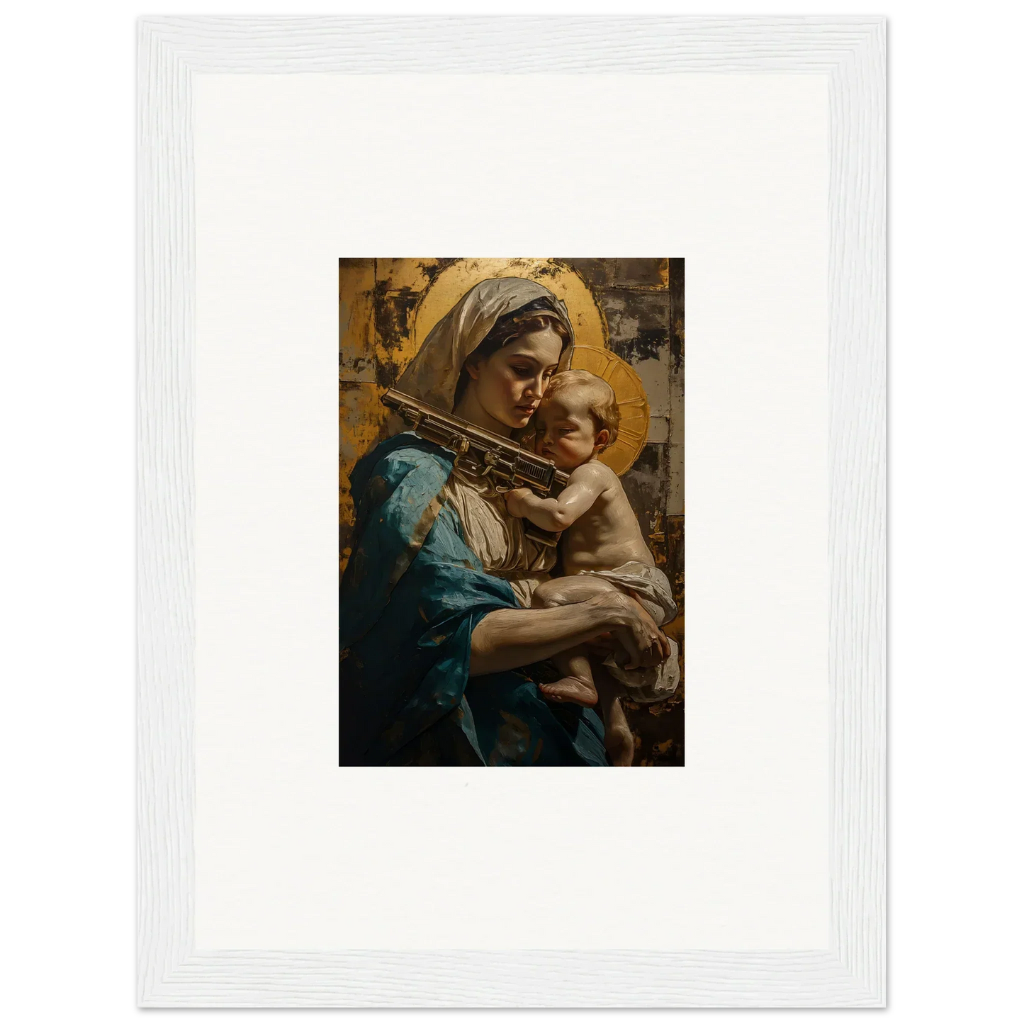 Framed canvas print of a woman in blue with a child, perfect for loving sentinence decor