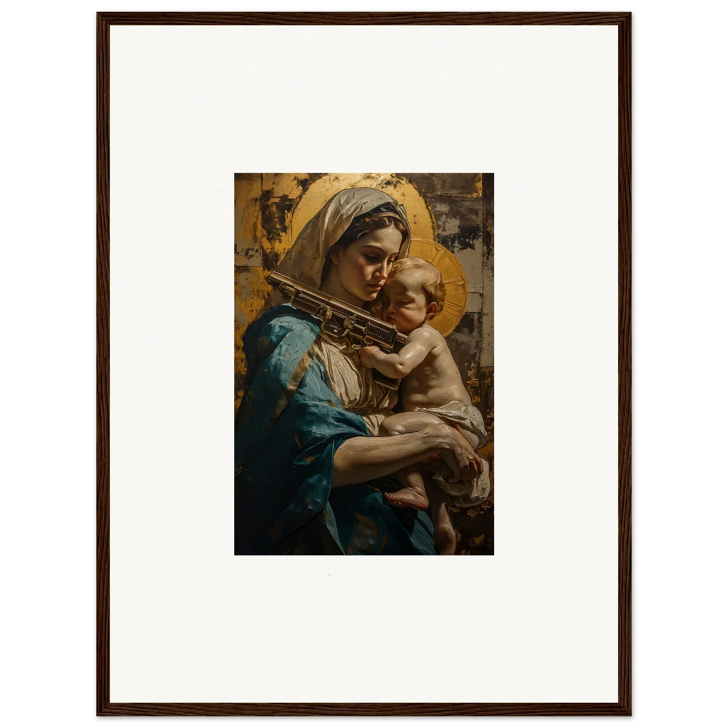 Framed canvas print of a woman holding a child, perfect for loving sentinence room decoration