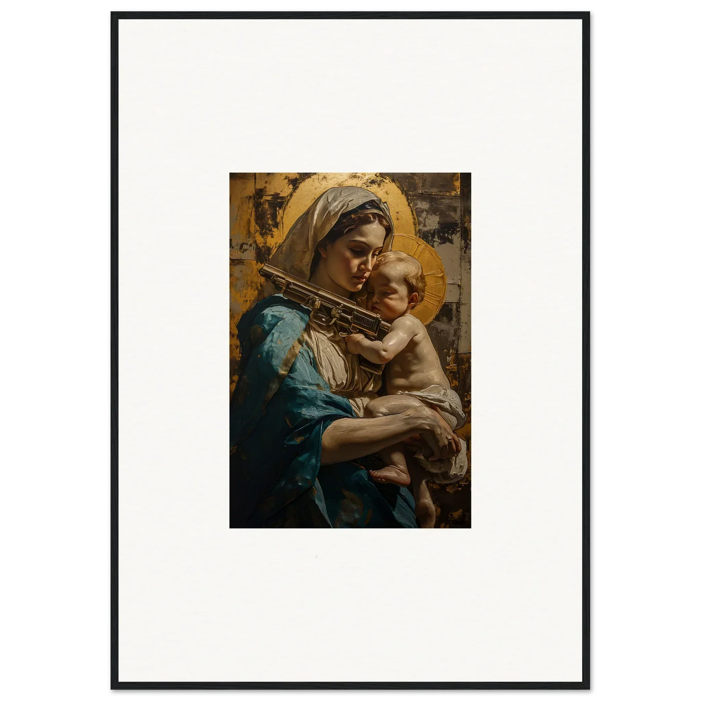 Framed canvas print of a woman in blue with child, perfect for loving sentinence room decoration