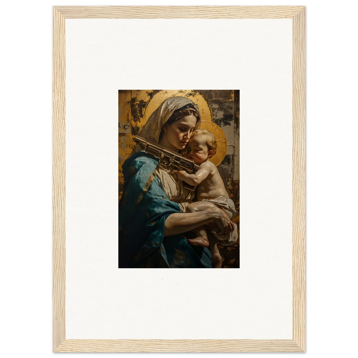 Framed canvas print of a woman and child with golden halos for loving sentinence room decoration