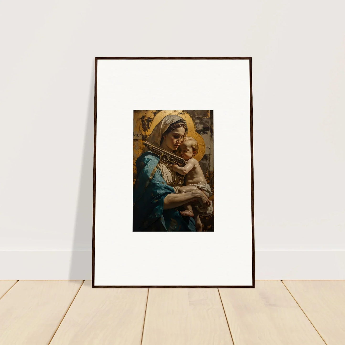 Framed canvas print of a woman with child and halo, perfect for loving sentinence room decoration